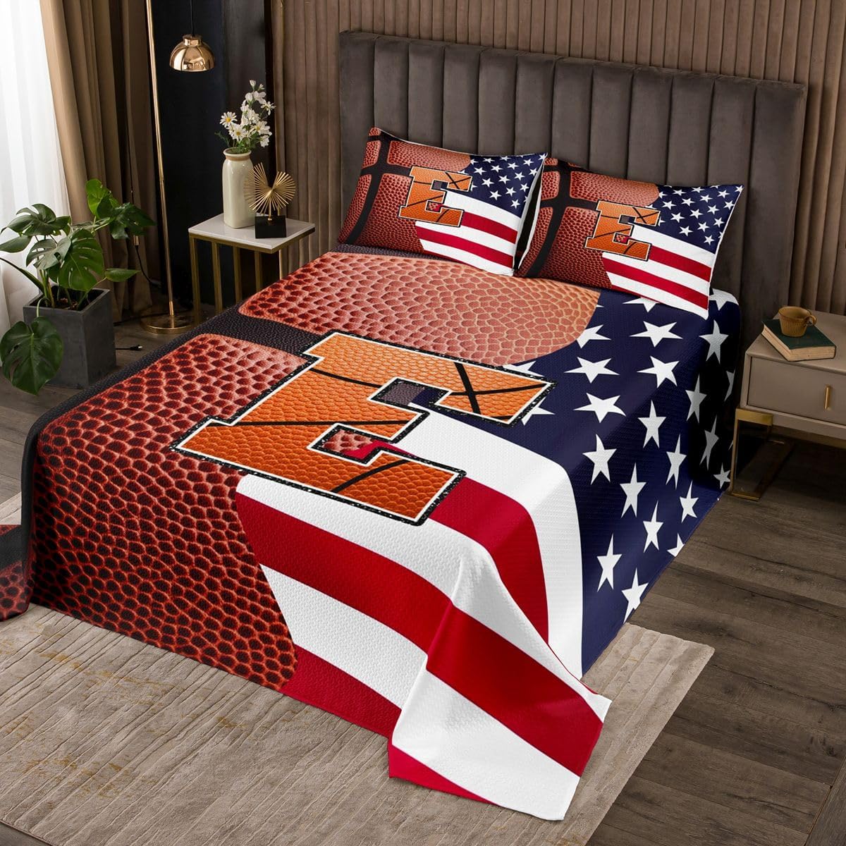 jejeloiu Basketball Initials I Bedspread 3 Pieces Queen Size American Flag Coverlet Set Soft Cozy Sports Ball Games Lightweight Quilted Coverlet for All Season with 2 Pillowcases Alphabet Letter