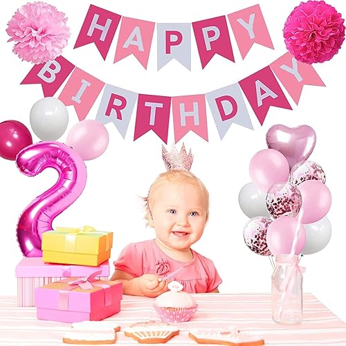 Miniatura 3 de Decoraciones de cumpleaños de 2 cumpleaños para niña bebé, globos de feliz cumpleaños rosa y blanco, suministros de fiesta de segundo cumpleaños