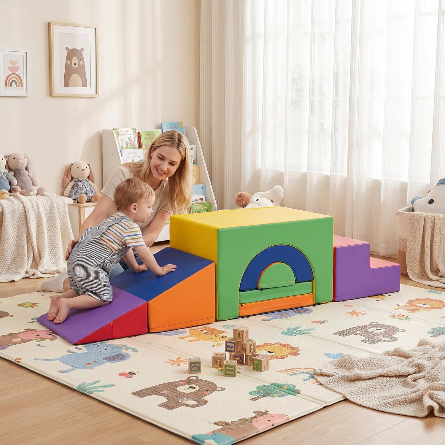 Costzon 7 Pieces Toddler Climbing Toys Indoor, Climb & Crawl Activity Playset w/Slide & Tunnel, Waterproof PU Cover, Indoor Play Gym Structures for Toddlers, Foam Climbing Blocks for Kids 1+ Year Old