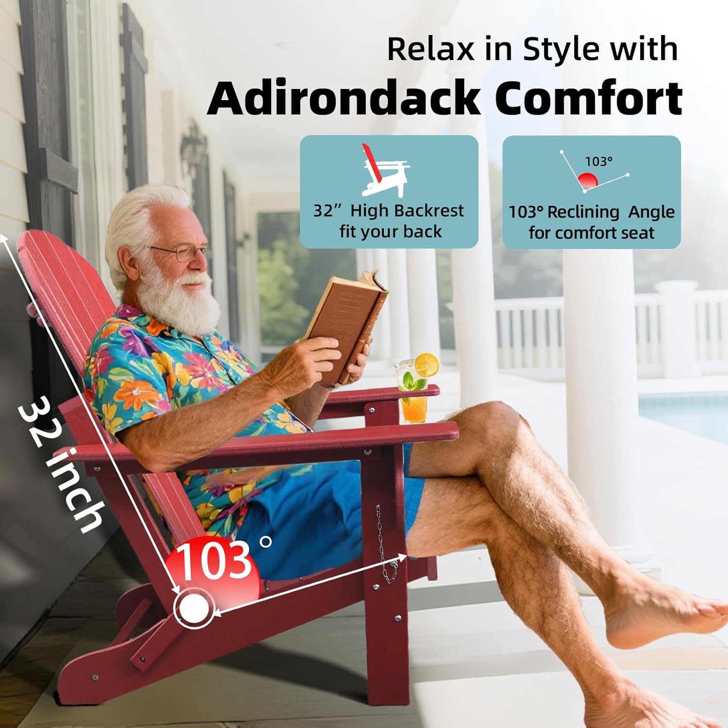 Folding Adirondack Chairs Set of 2, HDPE Fire Pit Chairs Weather Resistant, Outdoor Adirondack Chair with Cup Holder and Umbrella Hole, Wood Texture, Dark Red