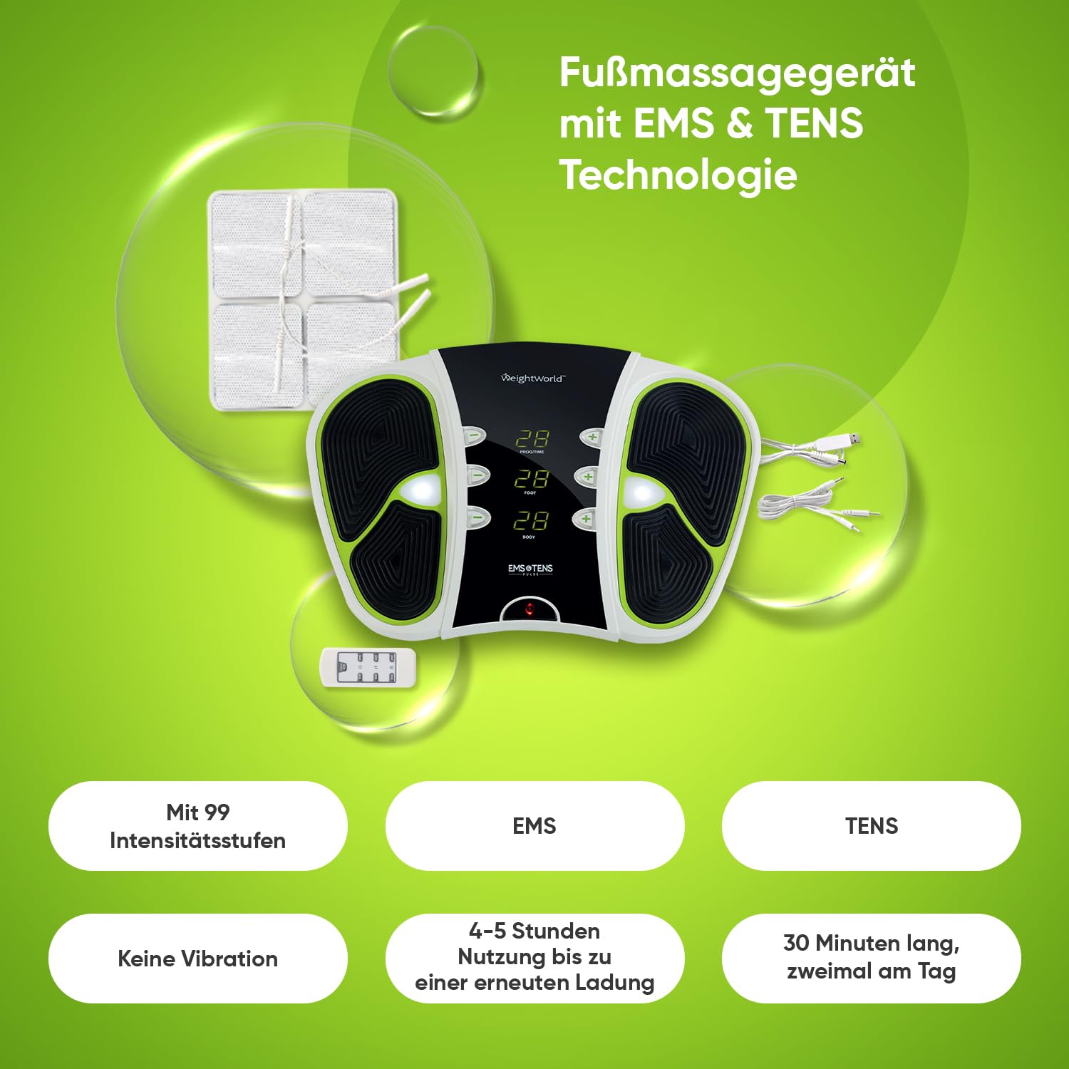 Fußmassagegerät mit EMS & TENS Technologie & 99 Intensitätsstufen - Tragetasche, Fernbedienung & Elektroden Pads - Einfach zu tragen - EMS Gerät & Tens Gerät - Elektrische Fußmassageräte - WeightWorld