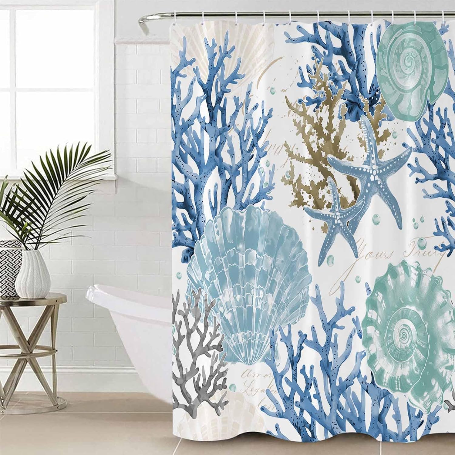 Blue Teal Coastal Shower Curtain, Stall Shower Curtains for Bathroom/Bathtub, Summer Beach Nautical Coral Starfish Waterproof Fabric Bathroom Curtain Set with 12 Hooks, Extra Long 72" x 96"
