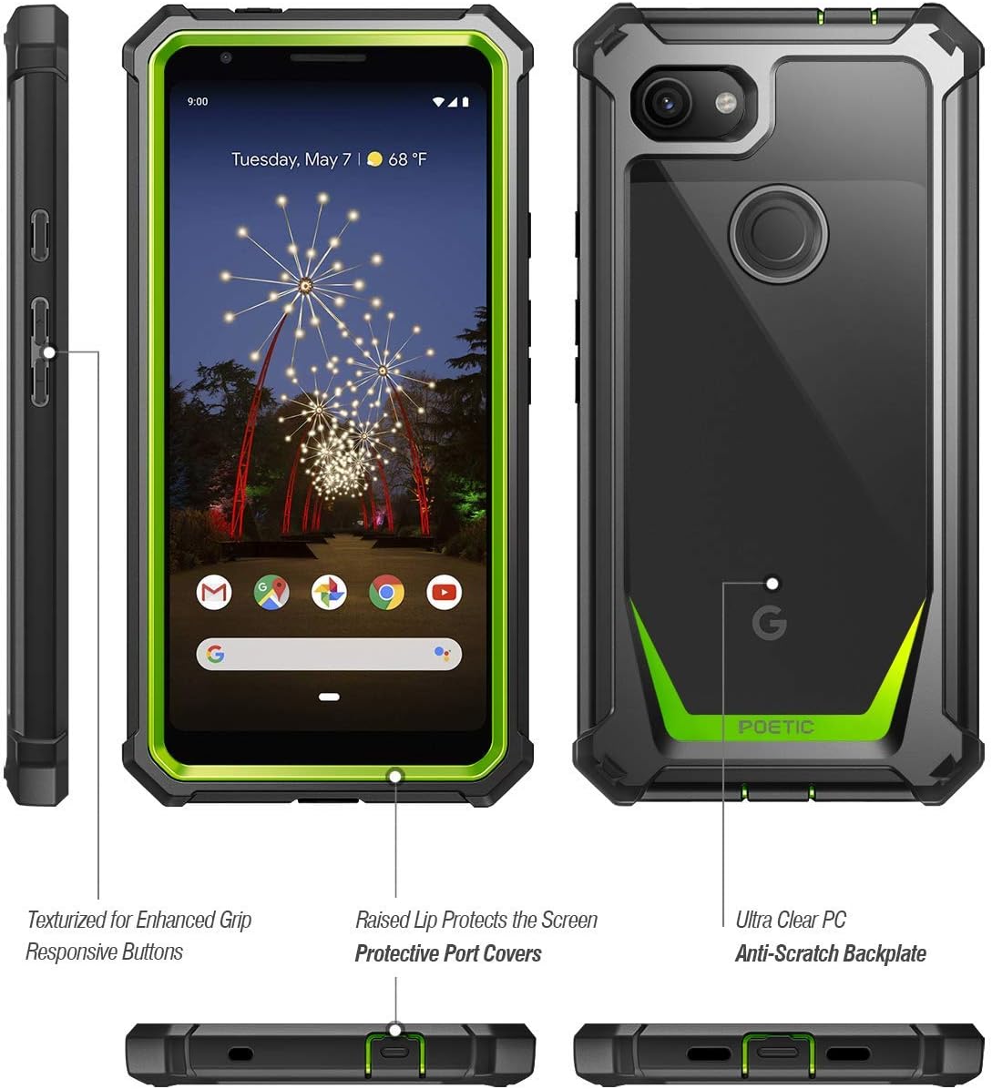 Google Pixel 3a XL Rugged Clear Case, Poetic Full-Body Hybrid Shockproof Bumper Cover, Built-in-Screen Protector, Guardian Series, Case for Google Pixel 3a XL (2019 Release), Green/Clear