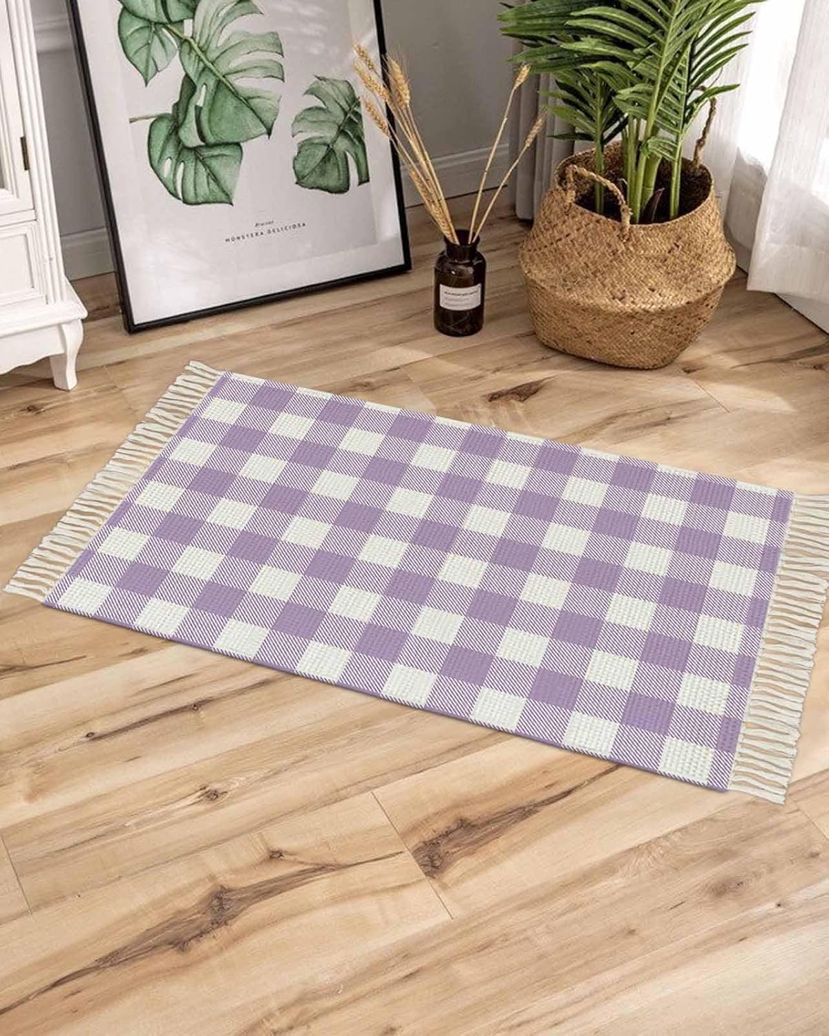 Bathroom Rugs Buffalo Check Plaid Kitchen Floor Mats Front Door Mats 2x3 Feet Purple and White Buffalo Plaid Farmhouse Washable Woven Cotton Area Rug Non Slip Throw Carpet Soft Rug with Tassels