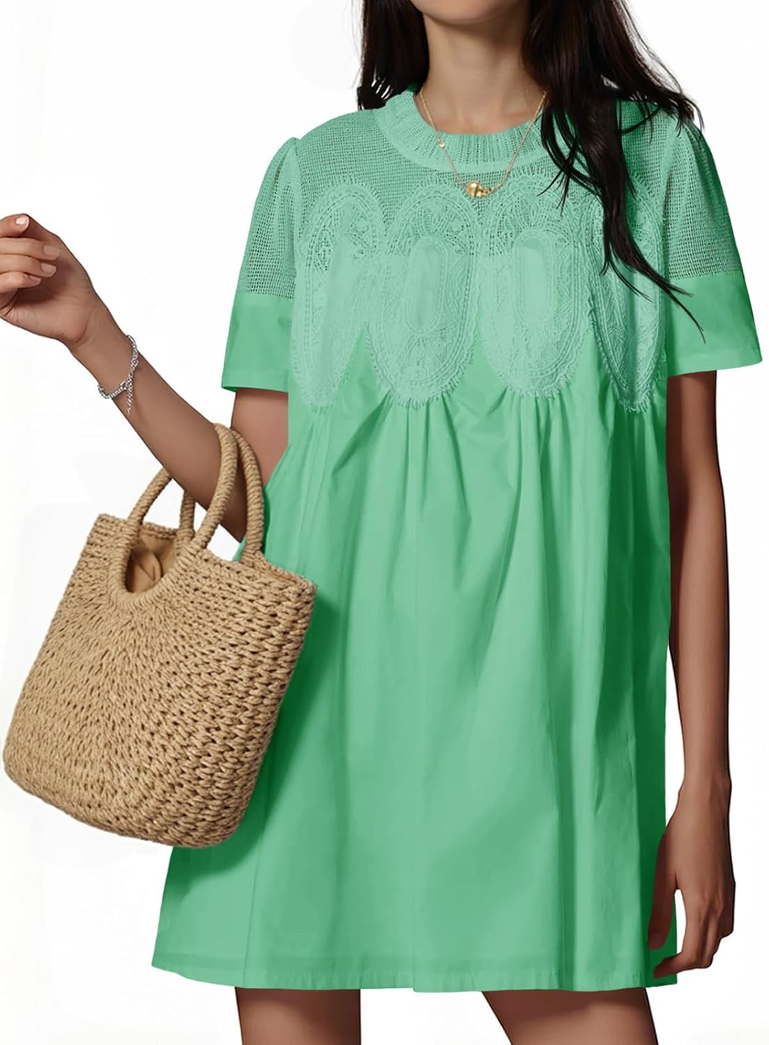 Wenrine Womens Lace Mini Dress Summer Short Sleeve Crewneck Sheer Mesh Casual Loose Ruffle Babydoll Dresses