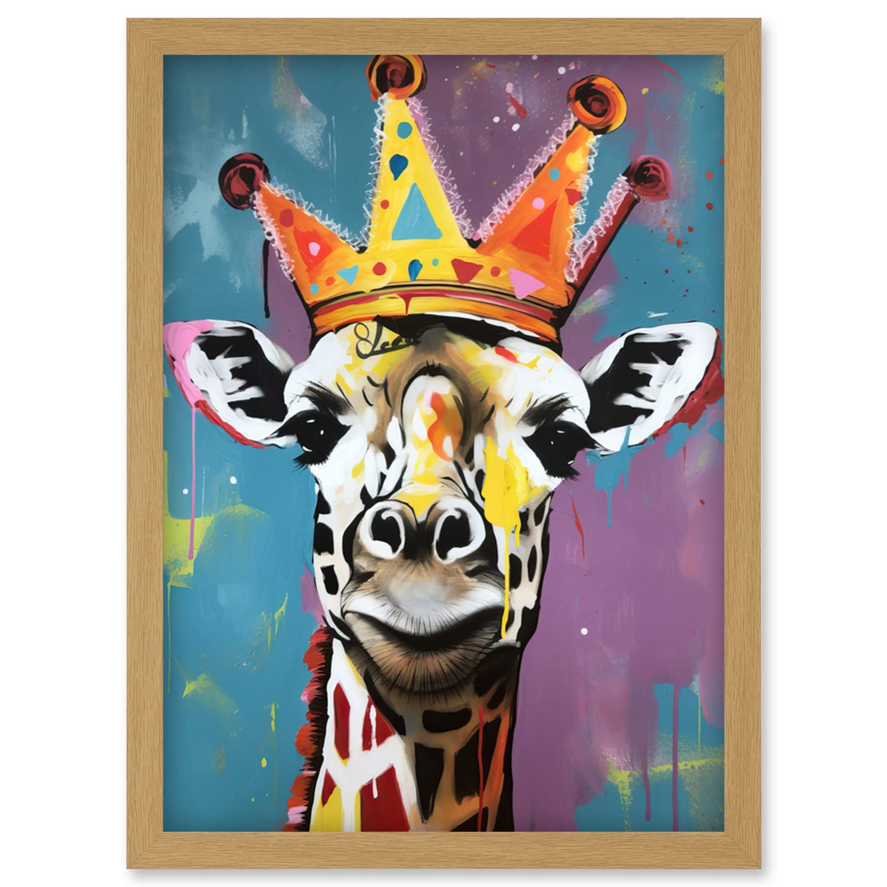 Artery8 Giraffe Wearing a Crown King Queen Modern Pop Art Artwork Framed Wall Art Print A4