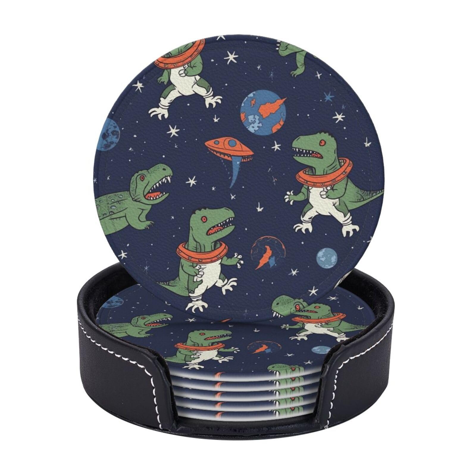 6Pcs PU Leather Coaster for Drinks, Funny Astronaut Dinosaur Rocket Cup Coasters with Holder, Aesthetic Drink Coasters for Coffee Table, Round Coaster for Tabletop Protection 4" Cup Mat Pad
