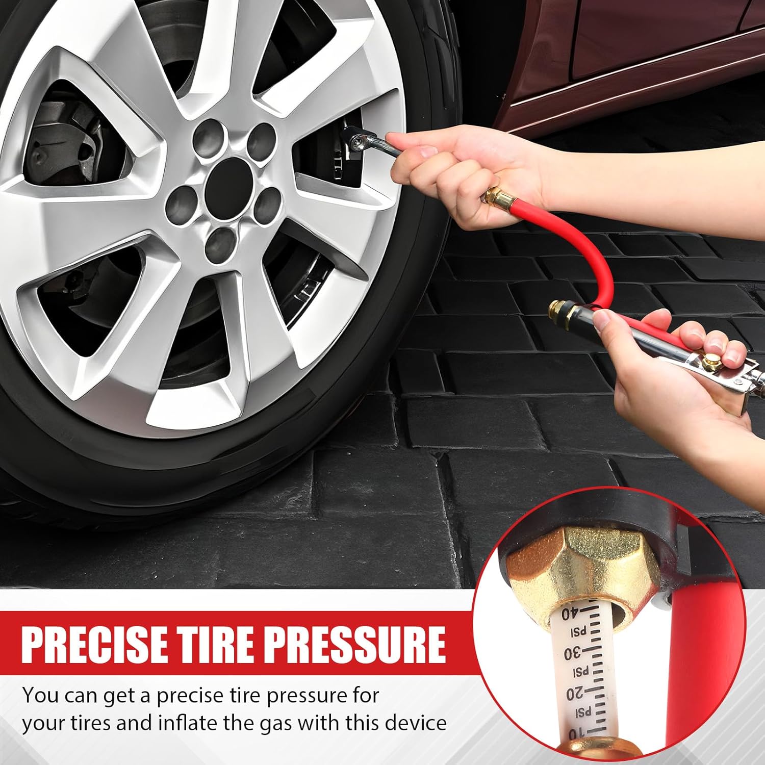 Tallew 4 Set 10-120 PSI Heavy Duty Tire Inflator Gauge with Inflator Air Chuck Pressure Gauge 4 Way Valve Cores Nozzle Air Compressor Attachments for Cars Trucks Automotive Maintenance