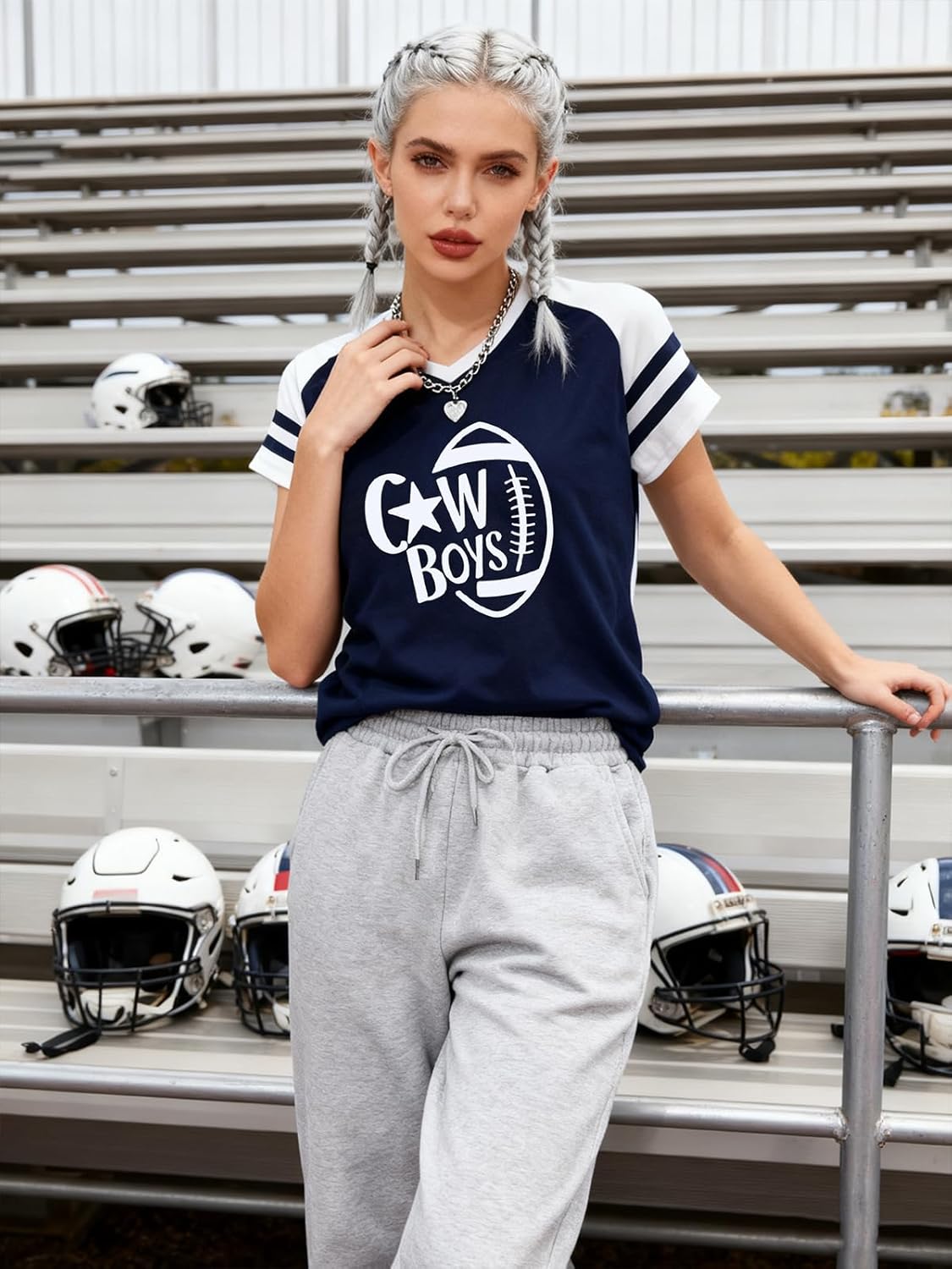 Cowboys Shirts for Women Vintage Game Day V Neck Tshirt Football Team Cowboy Letter Graphic Short Sleeve Top - Image 4