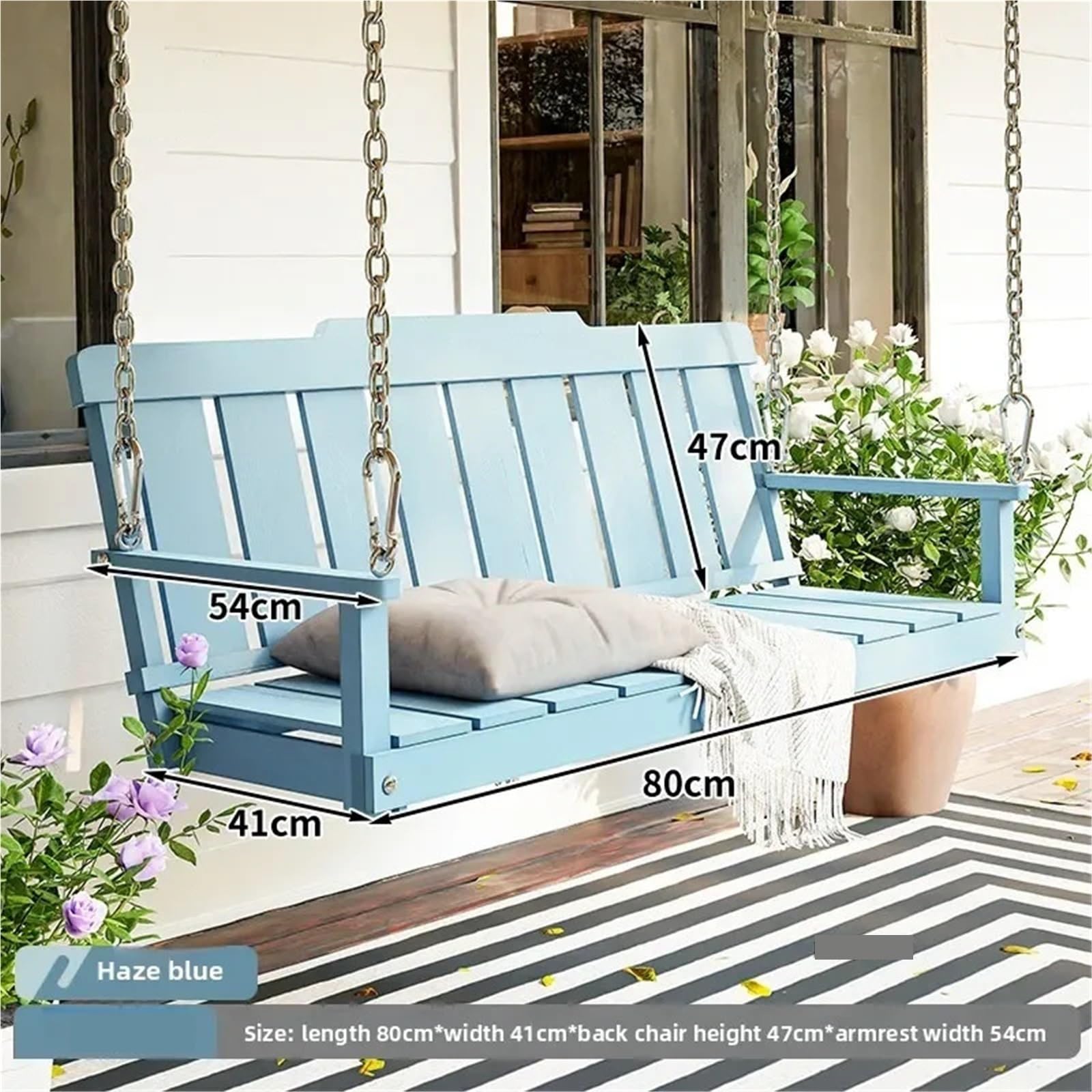 Altalena Legno Altalene da patio senza zoccoli Sedia sospesa for doppio balcone for interni for area ricreativa for altalena giardino nel cortile(80CM Blue-Chain 5m)