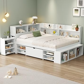 4ft6 Double Bed Frame with Drawers&Bookcase&Cabinet, Multifunctional Platform Bed with Large Sorage Space&Wooden Slats, Space Saving Wooden Beds Guest Beds for Adults Kids Teenagers, White, 135x190cm