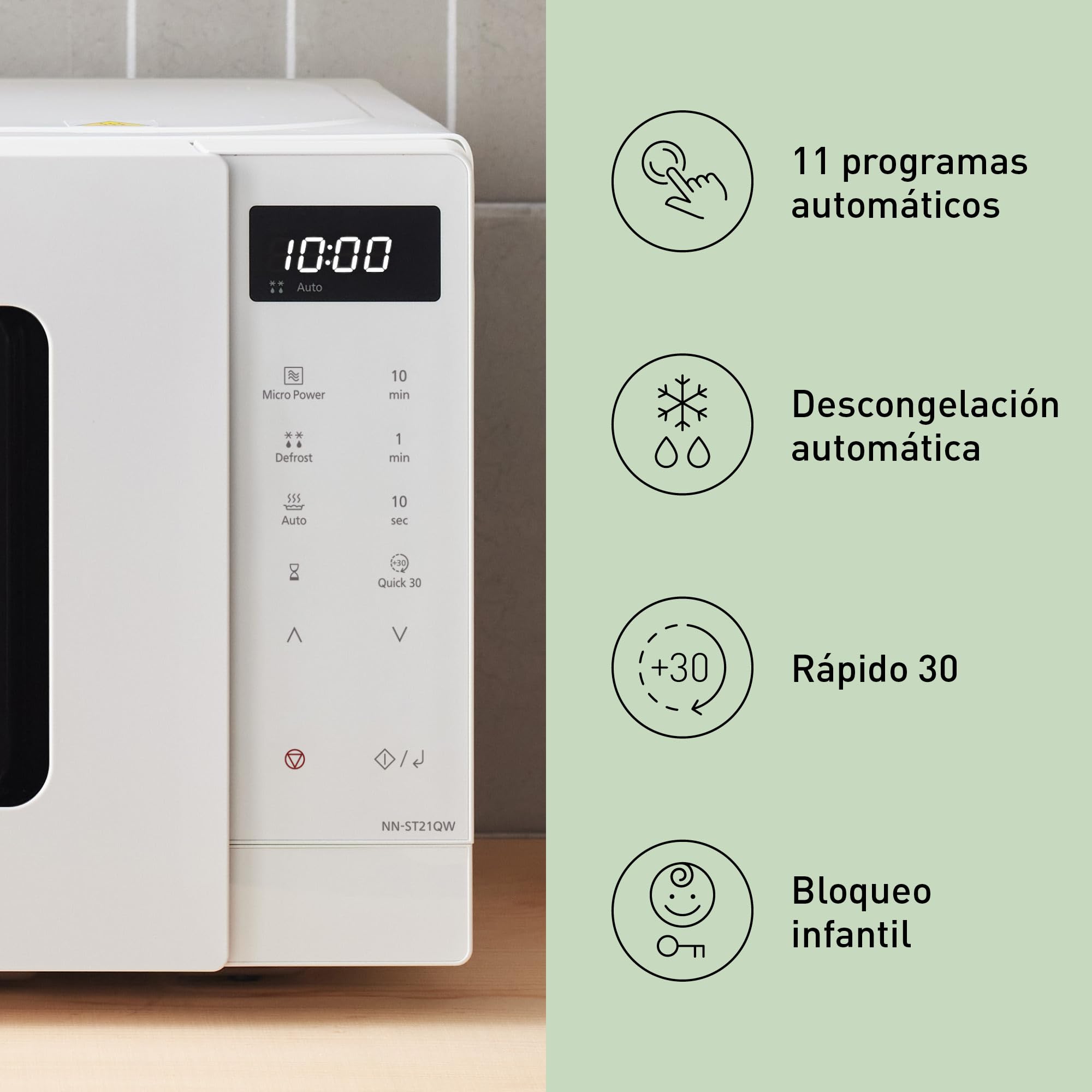 Panasonic NN-ST21QWEPG Solo Horno Microondas 20L con Bandeja de Vidrio, 800 W, Descongelación Automática, 11 Programas Automáticos, Pantalla LED, 5 Ajustes de Potencia, Temporizador Digital, Blanco