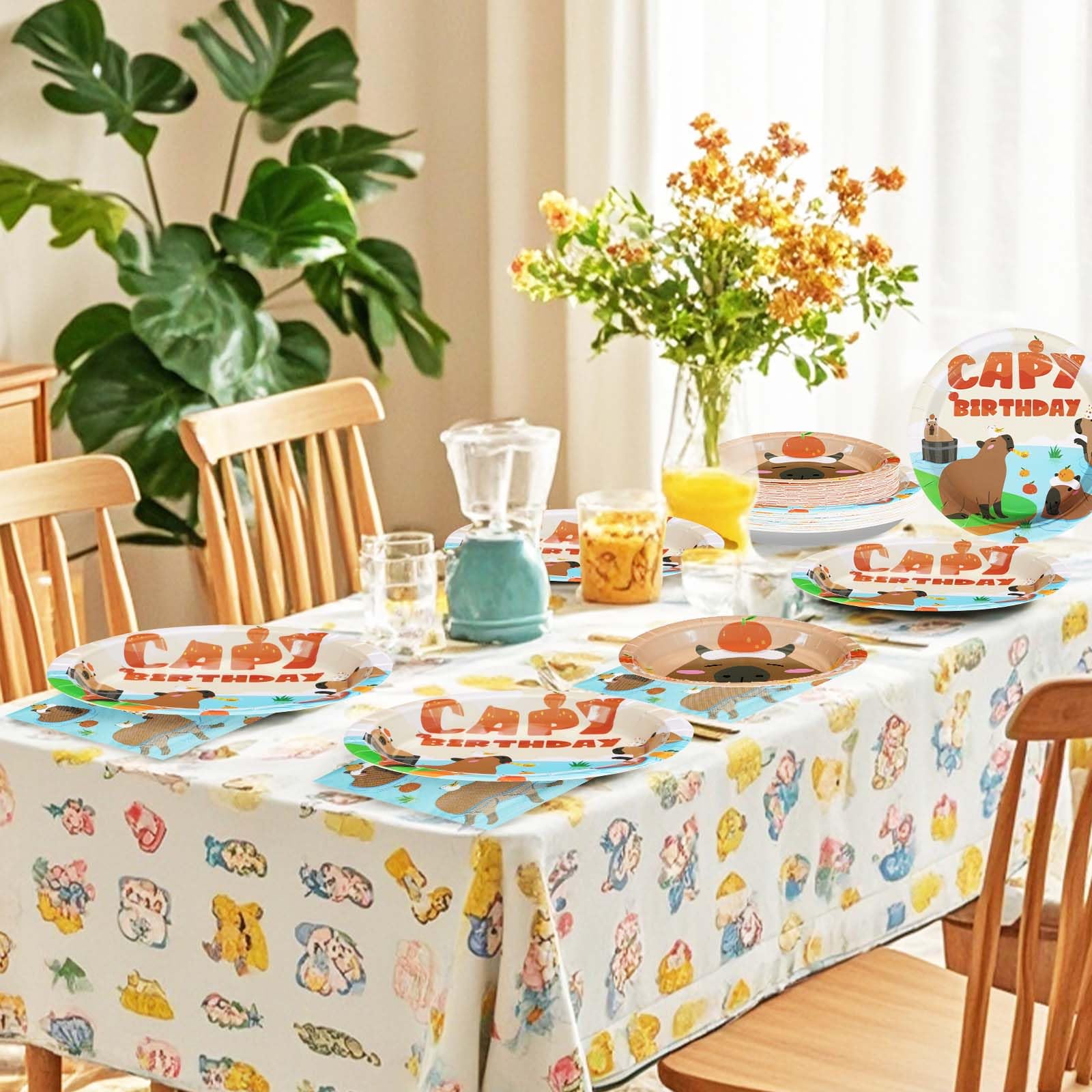 Juego De Vajilla Temática Capibara Para Fiestas Infantiles - Para 10 Personas, Incluye Platos, Vasos, Servilletas, Mantel Y Guirnalda
