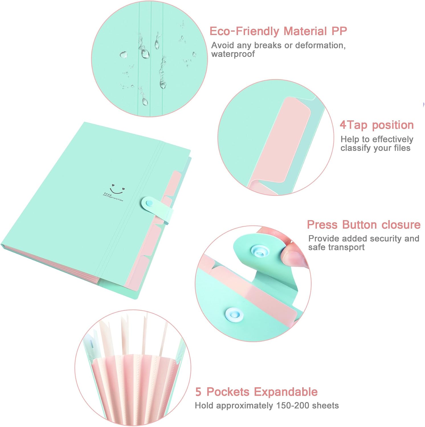 Phyxin Expanding File Folders 5 Pockets Document Organizer A4 Letter Size Plastic File Folder with Labels Document Holder for Business School Supplies Light Green