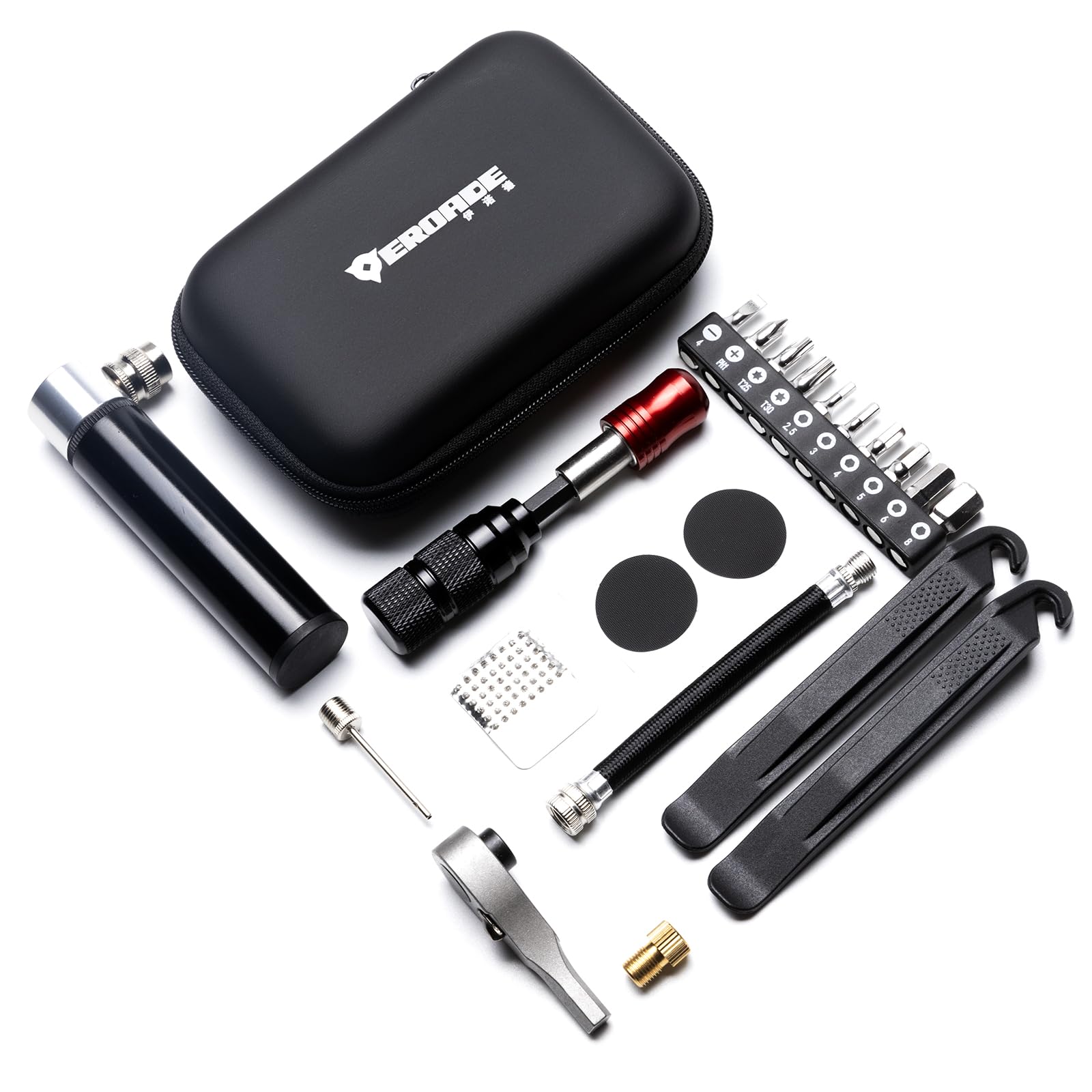 Kit di riparazione per bici multiuso, attrezzi portatili per biciclette con toppa per pneumatici, leva pneumatici, chiave a cricchetto, punte per cacciavite, mini pompa ad aria (kit di attrezzi con