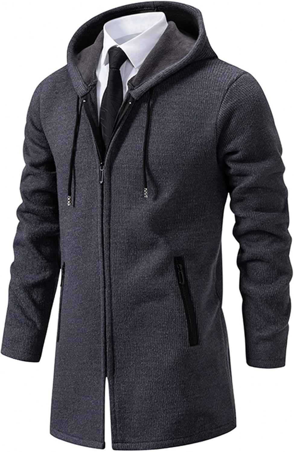 Men's Long Wool Overcoat Winter Thermal Jackets Comfy Fleece Lined Full Zip up Coats Soild Trench Coat with Pockets