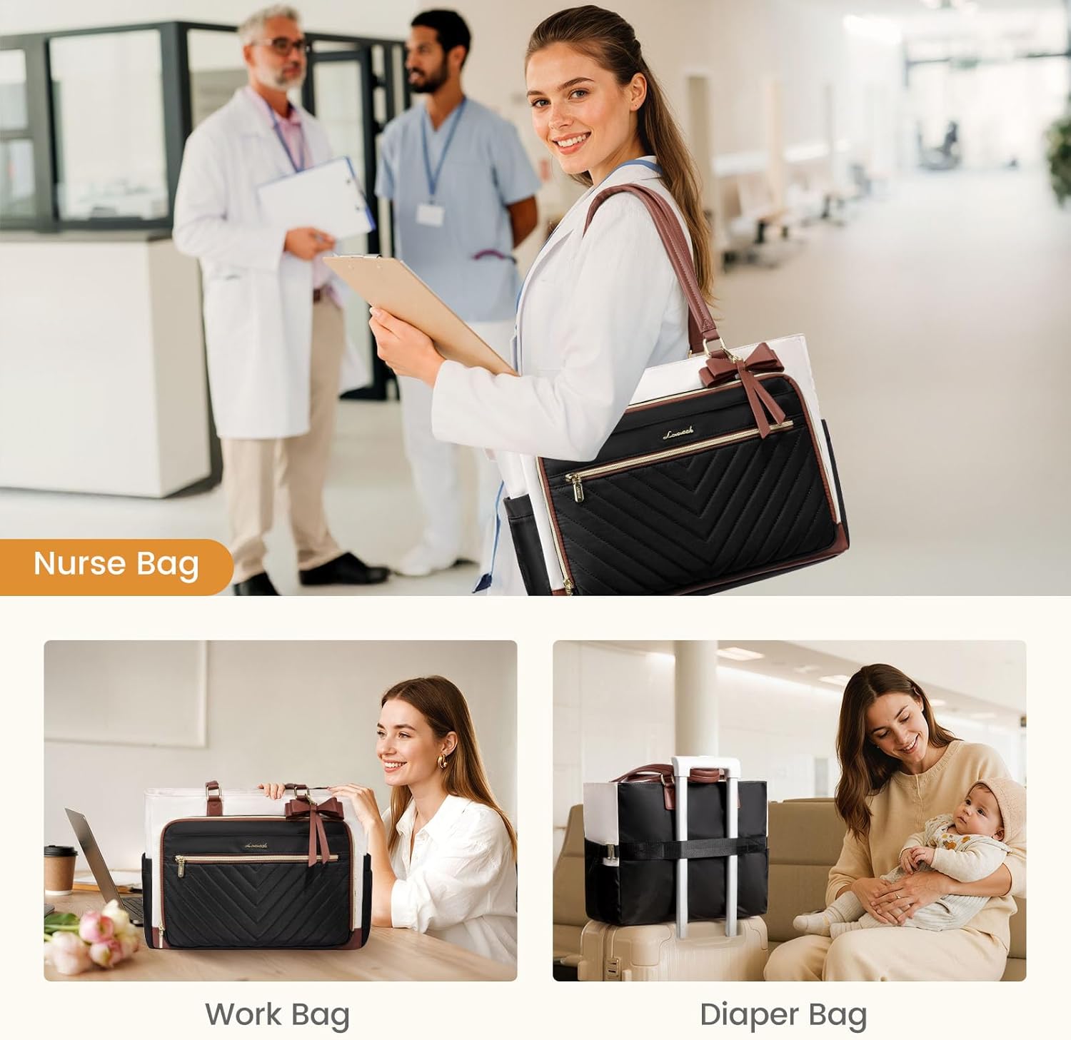 LOVEVOOK Laptop Tote Bag for Women, Work Bag Teacher Tote with Large Cup Holder, Quilted Nurse Diaper Bag for Travel, Computer Women's handbags for Teacher gift, Dark green-beige-black, 15.6 Inch - Image 6