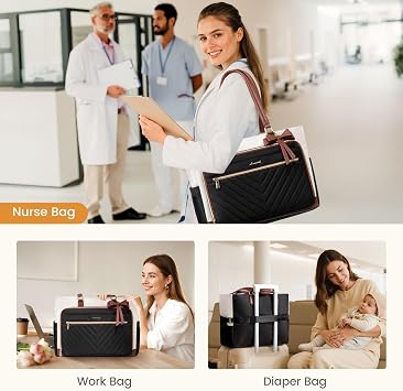 LOVEVOOK Teacher Tote Bag for Women, Work Laptop Bag Gift with Large Cup Holder, Quilted Nurse Bag Diaper Tote with Multi-Pockets, Large Computer Handbag Purse for Bussiness Travel, Office, College