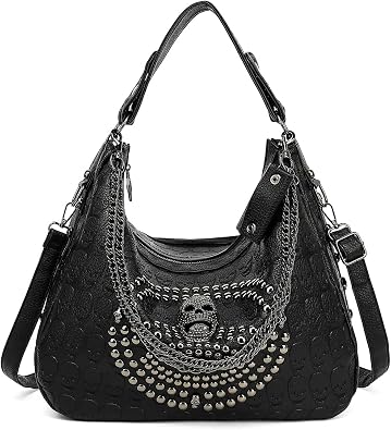 Y2K Punk Shoulder Bag for Women, Black Gothic Hobo Bag Large Capacity Crossbody Handbag with Skull and Rivets for Work, Shopping & Daily Use