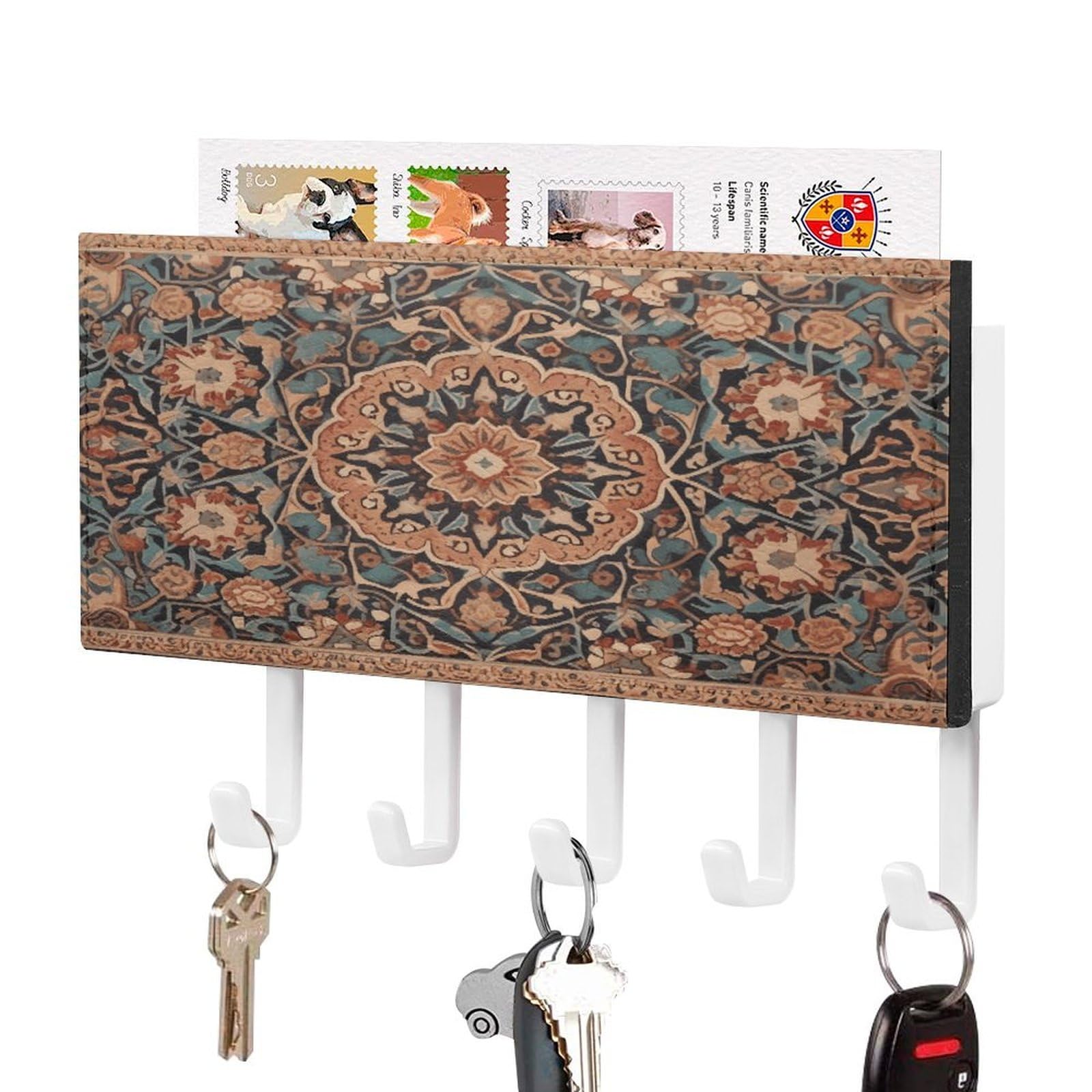 Colgador para llaves de arte orientalista antiguo con estante de madera
