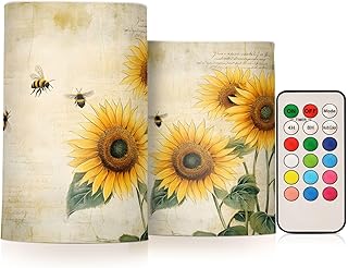 ALAZA Vintage Sunflower Yellow Grunge Flowers02 Flickering Flameless Candles Battery Operated with Remote Timer,Tea Light Candles LED Pillar Votive Candles Set of 2 for Outdoor Indoor Decorations