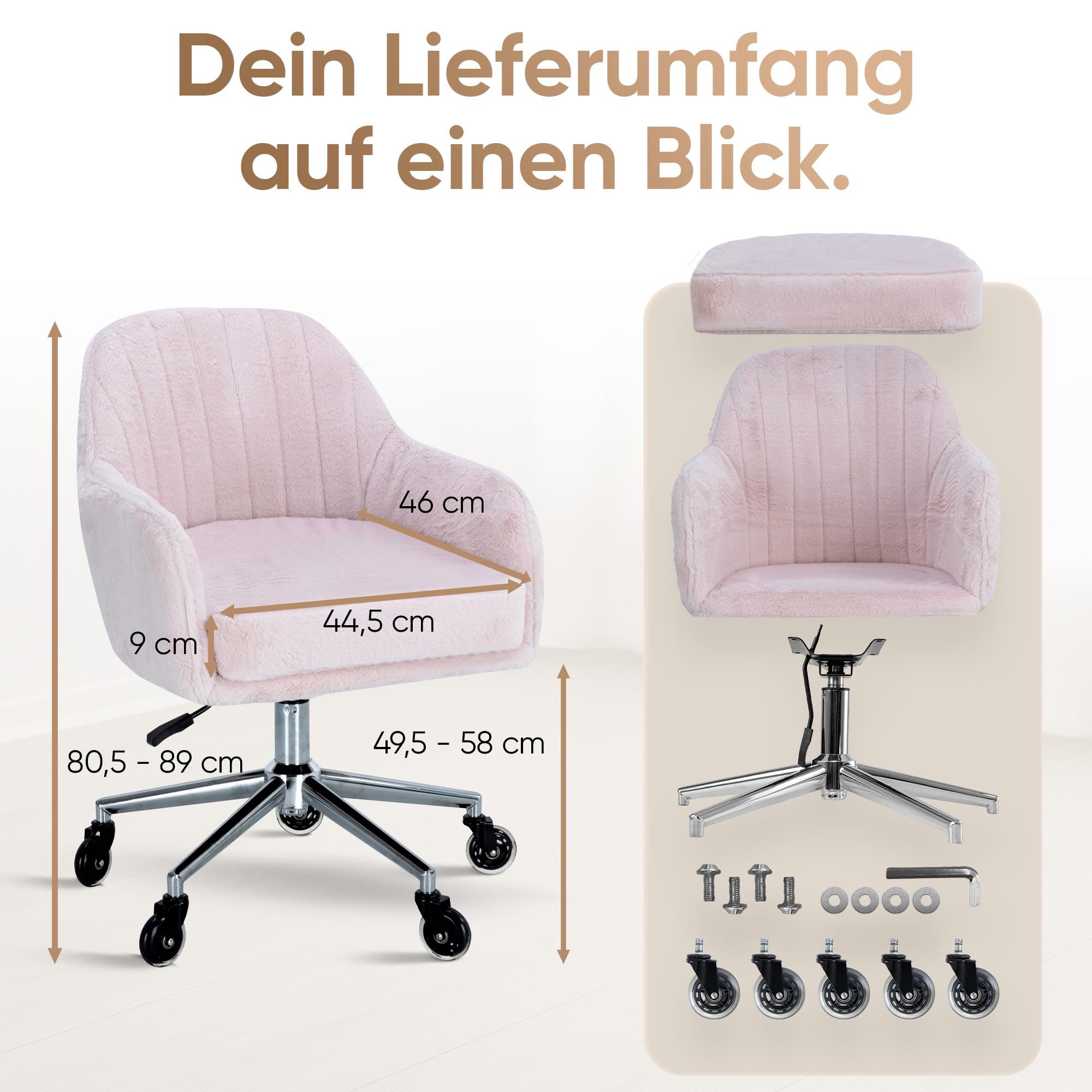 WohnJuwel Schminktisch Stuhl [höhenverstellbar] mit Gummirollen, Dickes Kissen [waschbares Kunstfell] - Drehstuhl Schminkstuhl Schminktischstuhl Schreibtischstuhl - Rosa