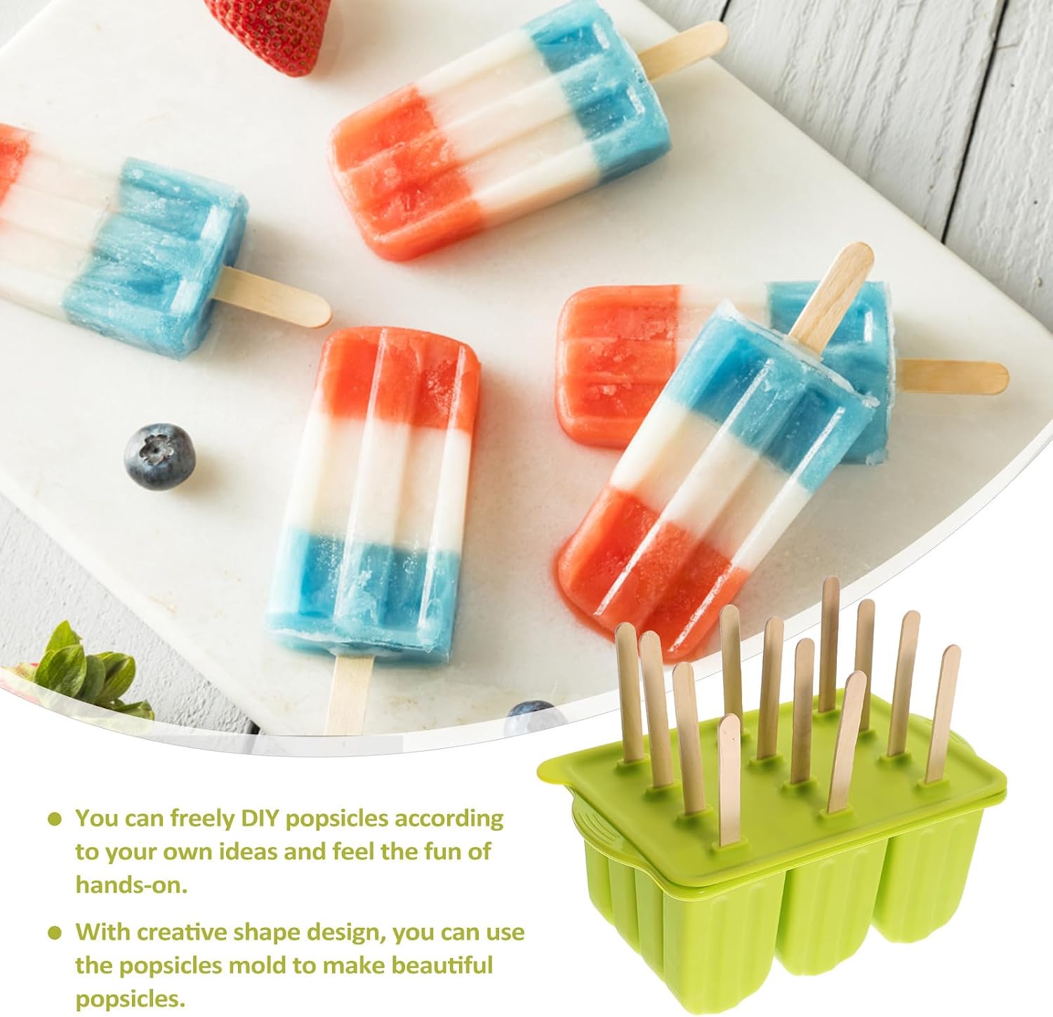 12-Grid Silicone Ice Treat Molds Set with Sticks Green DIY Homemade Ice Pop Tray for Fruit Bars with PVC Storage Box