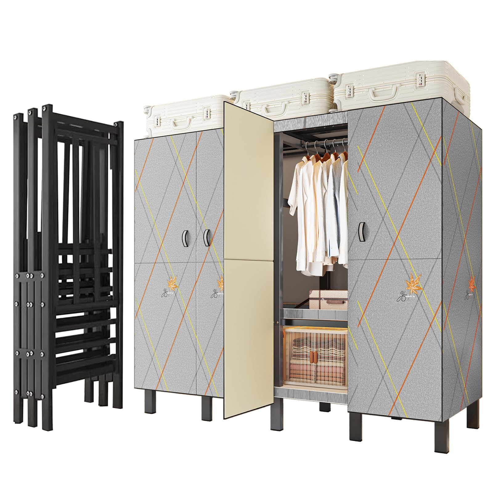 OVLRIJP Heavy Duty Portable Closet Wardrobe, Garment Rack with Cover & Hanging Rods, Freestanding Wardrobe with Magnetic Door, Metal Closet Rack for