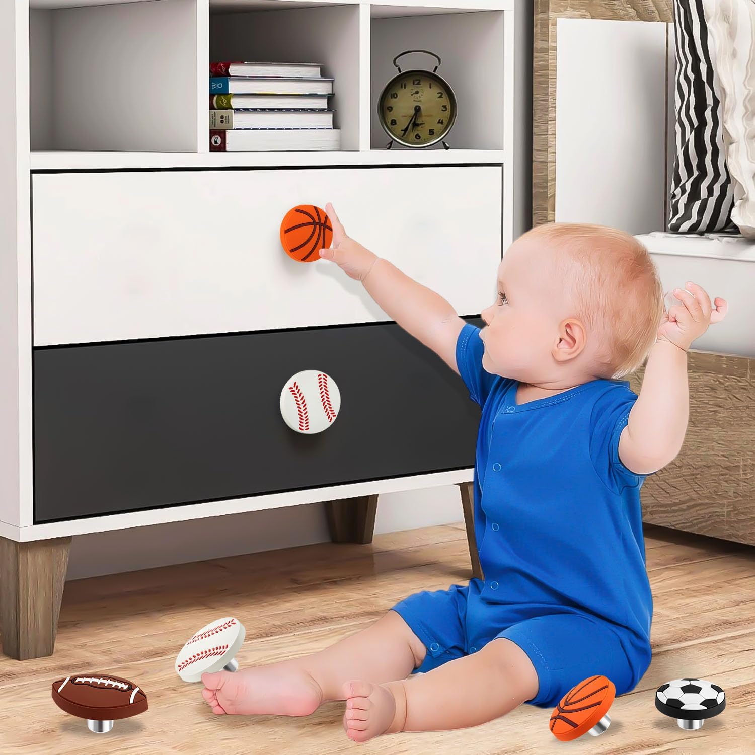 12 Pcs Sports Ball Dresser Knobs Rubber Baseball Basketball Drawer Knobs Drawer Hardware Handle for Cabinet, Nursery, Kitchen and Home Decor (Football, Basketball, Softball & Rugby Styles)
