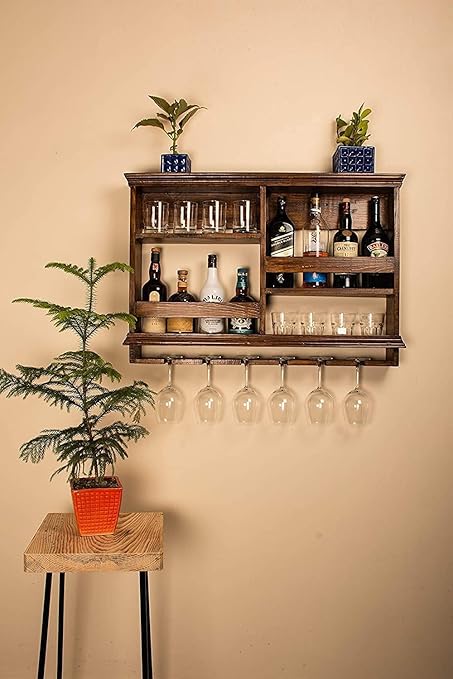 RR Handicraft Furniture Wooden Wall Mounted Wine Rack, Bar Cabinet with Glass Storage, Wall Hanging Mini Bar for Home Wine Rack/Holder Upside Down Glass Hanging Organizer, Walnut Finish
