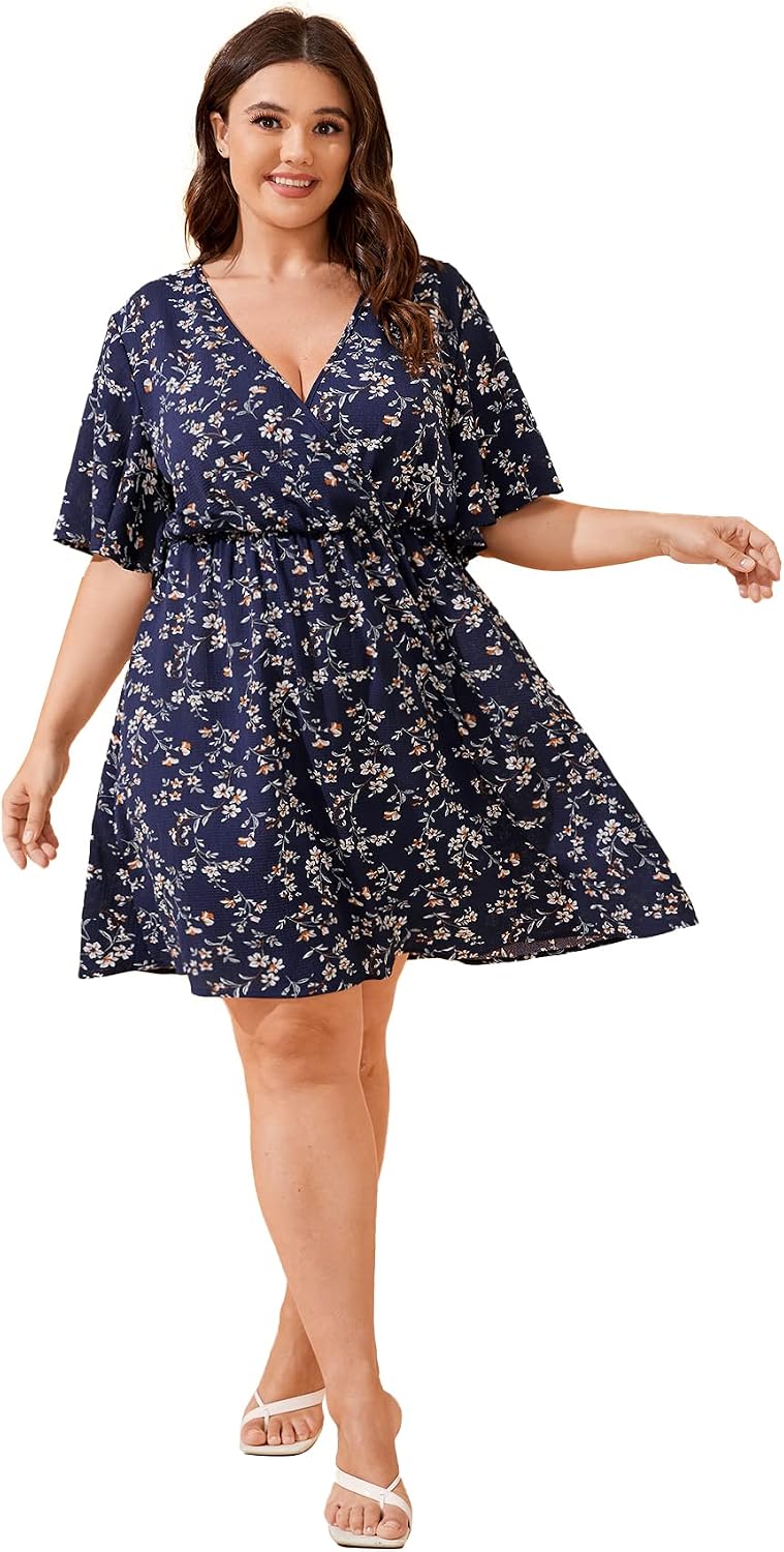 Floerns Women's Plus Size Boho Floral Wrap V Neck Short Sleeve A Line Dress