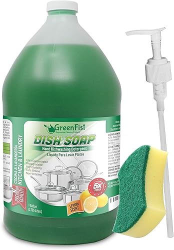 GreenFist Jabón para platos profesional detergente líquido para ollas y sartenes, uso ligero o pesado (1 galón Unisoft) (1 galón verde) (jabón verde