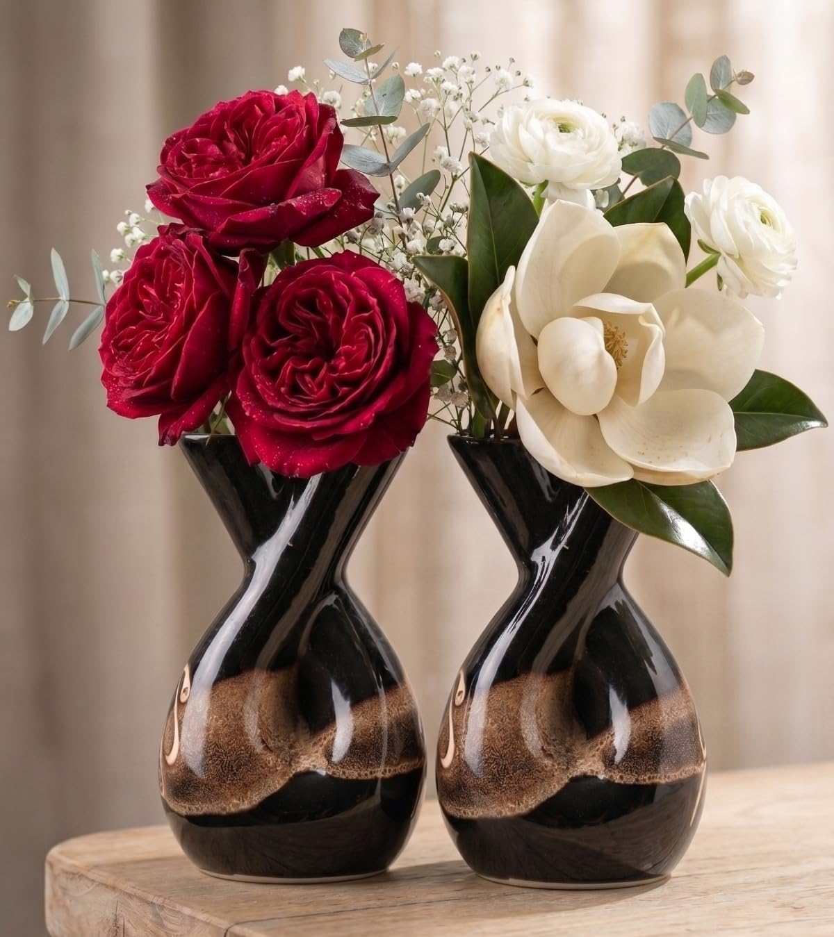 Handcrafted Black Ceramic Vase with Twisted Neck, Engraved Metal Cast Design, Marbled Glaze Finish, 6 Inch Decorative Flower Vase for Living Room, Dining Table, Shelf & Home Décor-picture-12