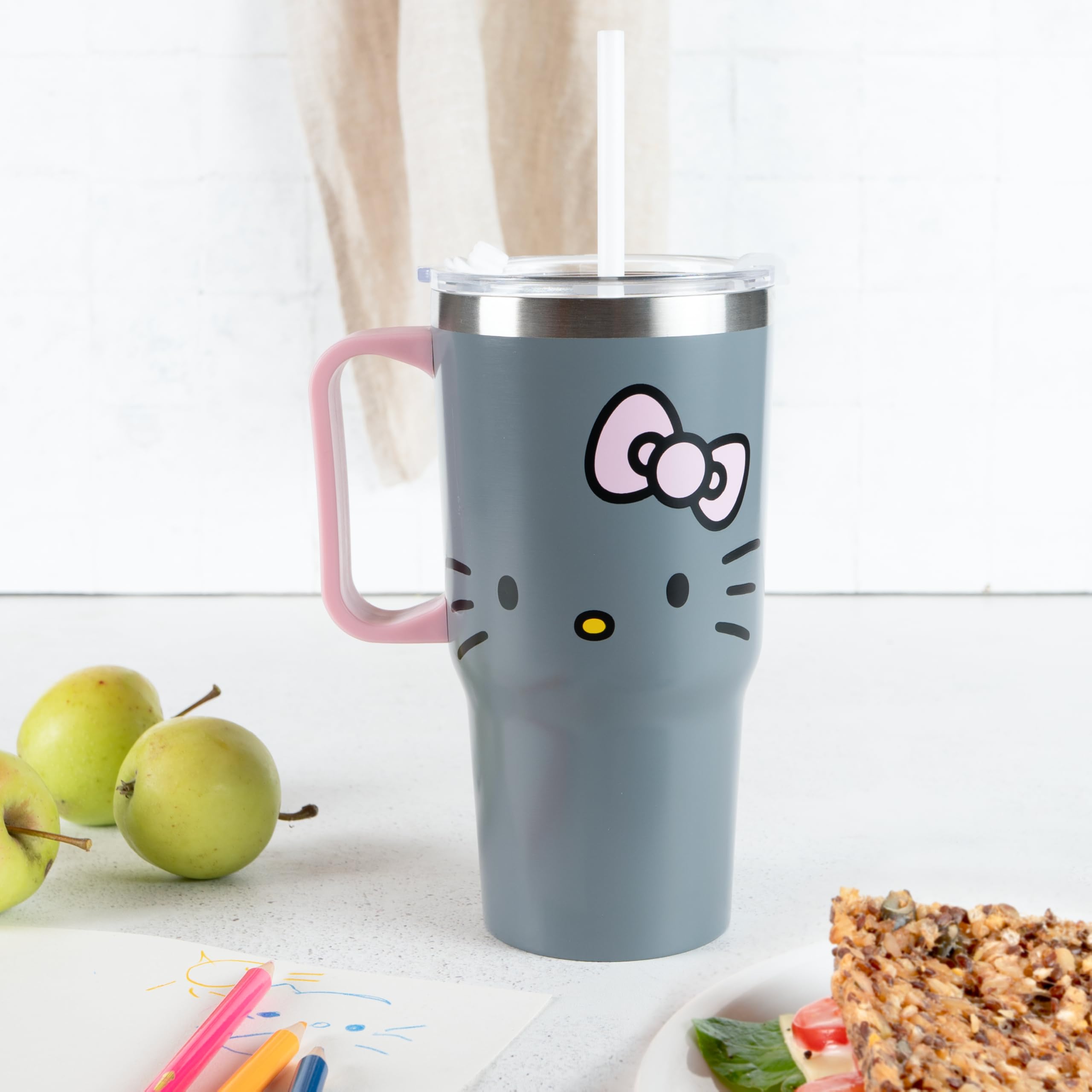 Hello Kitty - Vaso con tapa y pajita para niños, 540 ml, con asa, color gris, apto para bebidas frías