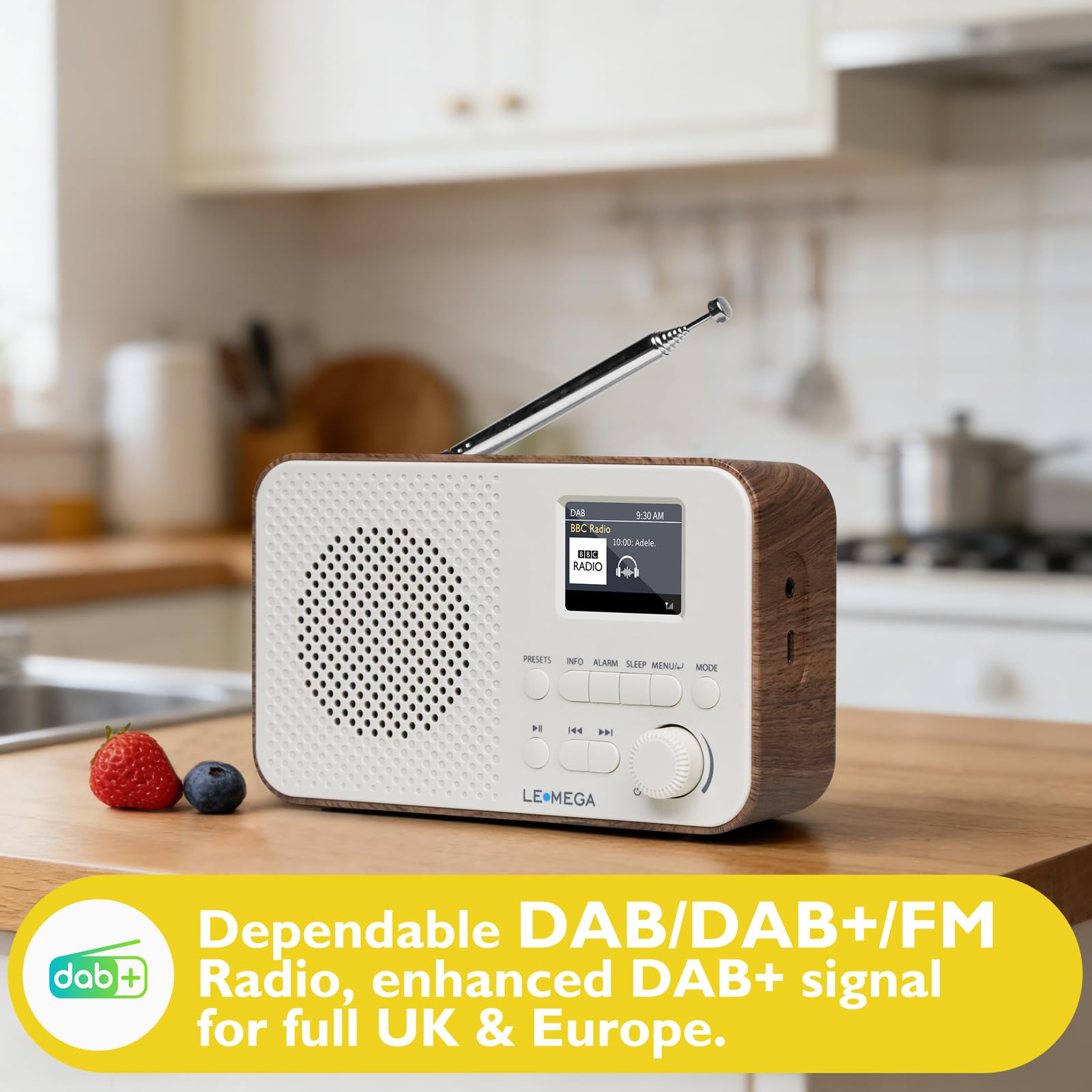 LEMEGA DAB Go DAB+/UKW Radio – Small Radio,Digital Radio with Bluetooth Streaming,Simple Controls,OLED Display,Headphone Jack,Portable Radios Mains and Battery,Ideal for Travel and Outdoors,Walnuss