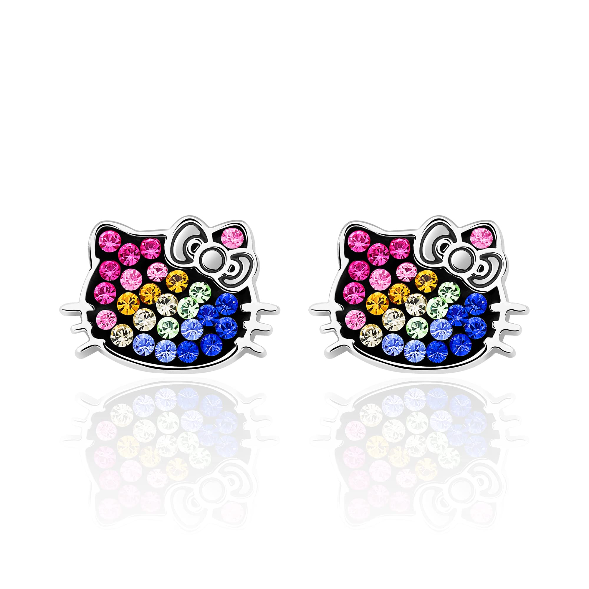 Sanrio Hello Kitty Womens Rainbow Crystal Stud Earrings - Silver Plated Rainbow Hello Kitty Earrings Officially Licensed