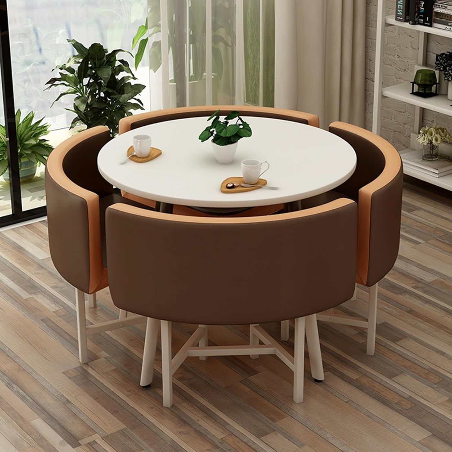 Round Office Reception Table Set with Chairs Stylish Brown Furniture for Living Room Meeting Cafe Balcony & Break Perfect Home and Use