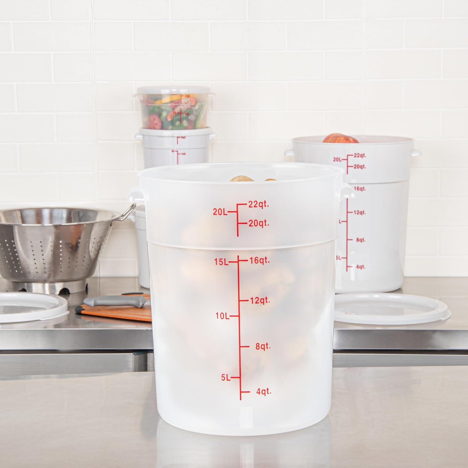 Restaurantware-Met Lux 22 Quart Food Storage Containers, 10 Translucent Storage Containers - Lids Sold Separately, Red Volume Markers, Dishwashable Containers, Side Handles, For Storing Foods