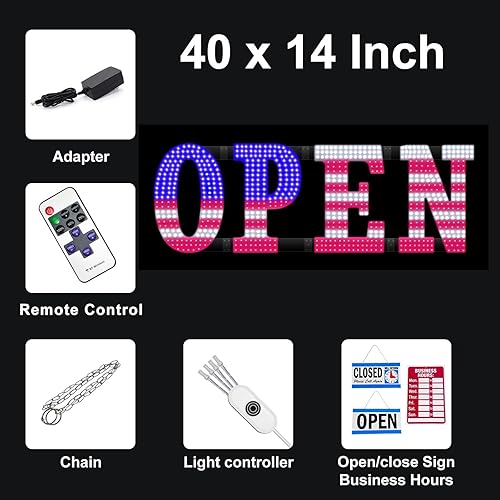 Miniatura 6 de LemonNova Letrero abierto con la bandera de Estados Unidos, letrero abierto grande de 40 x 14 pulgadas con 13 modos de escena, letrero abierto para