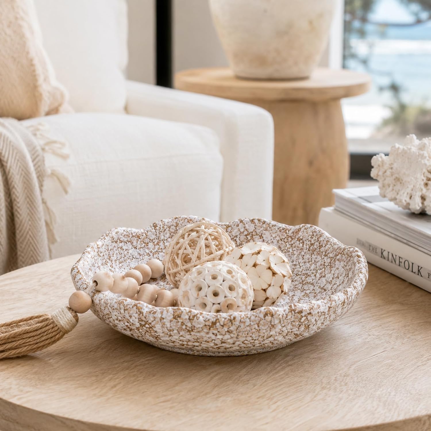 Ceramic Decorative Bowl, White Speckled Wavy Rim Centerpiece Bowl, 8.66 In