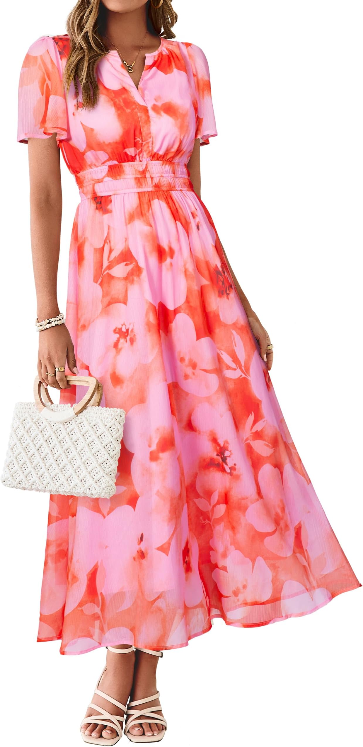 Women Floral Summer Maxi Dress Boho Flowy Casual Chiffon Short Sleeves V Neck Long Wedding Guest Dresses