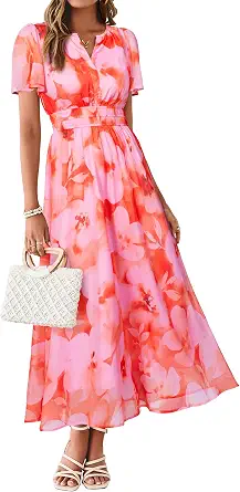 Women Floral Summer Maxi Dress Boho Flowy Casual Chiffon Short Sleeves V Neck Long Wedding Guest Dress