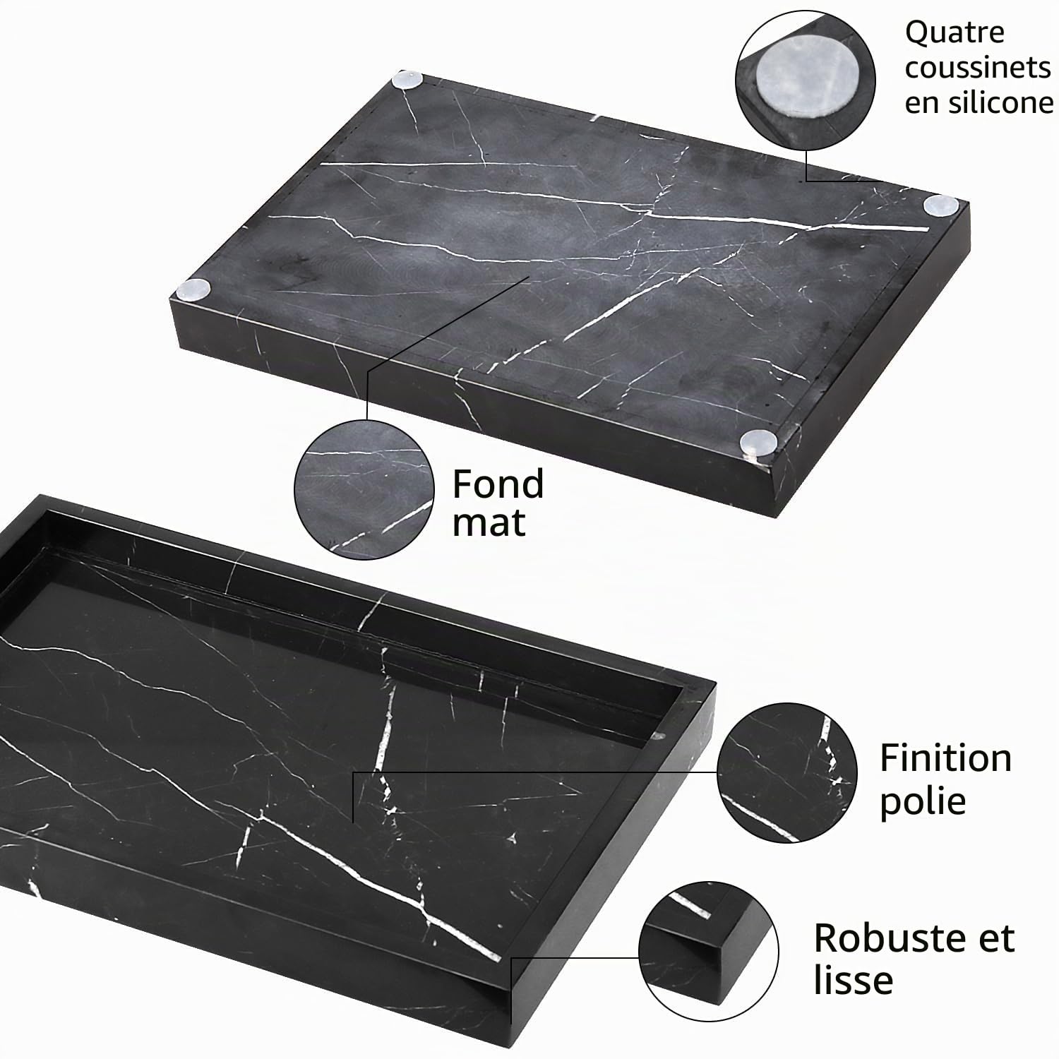 Plateau de Salle de Bain Plateau Marbre Naturel Luxueux Polyvalent Plateaux Décoratif pour Cosmétiques, Plans de Travail, Cuisine, Clés, Café, Parfum, Bijoux (Noire et Blanche, 30 x 20 x 3 cm)