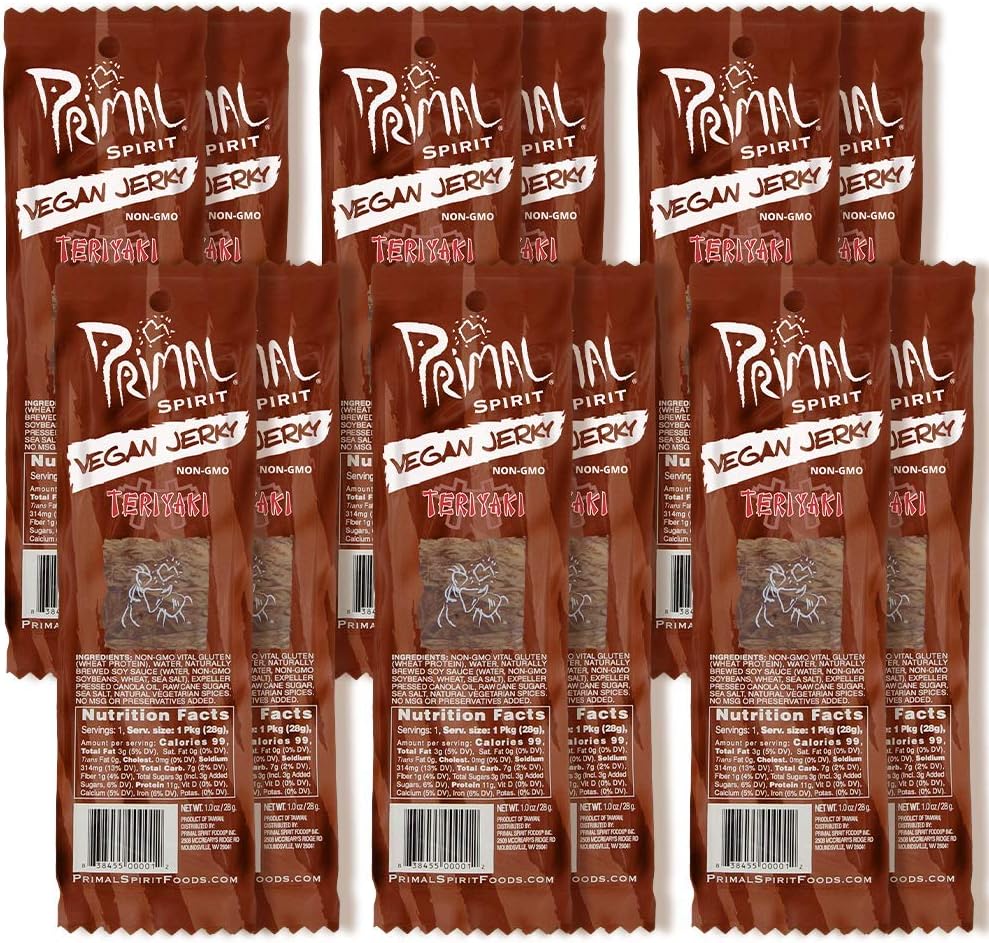 Primal Spirit Vegan Jerky - “Classic Flavor” – Teriyaki, 10 g. Plant Based Protein, Certified Non-GMO, No Preservatives, Sports Friendly Packaging (12 Pack, 1 oz)