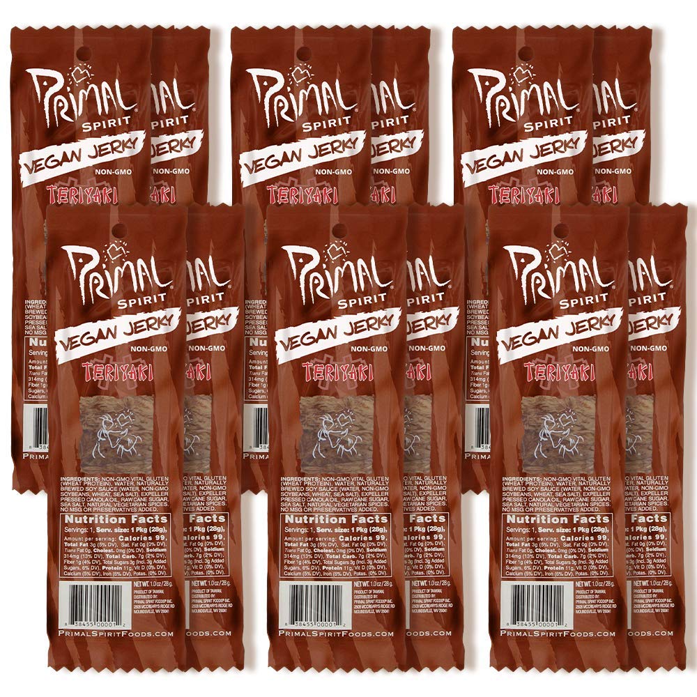 Primal Spirit Vegan Jerky - “Classic Flavor” – Teriyaki, 10 g. Plant Based Protein, Certified Non-GMO, No Preservatives, Sports Friendly Packaging (12 Pack, 1 oz)