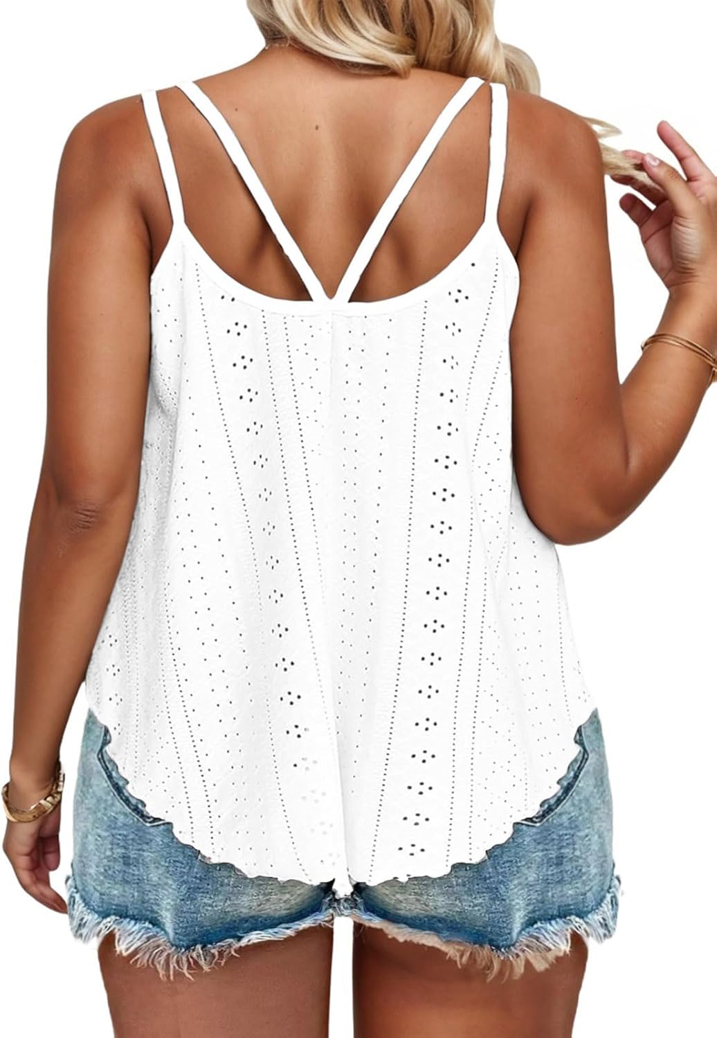 ROSRISS Womens Summer Plus Size Tank Tops Embroidery Scoop Neck Spaghetti Strap Camisoles Sleeveless Eyelet Shirts XL-5XL - Image 3