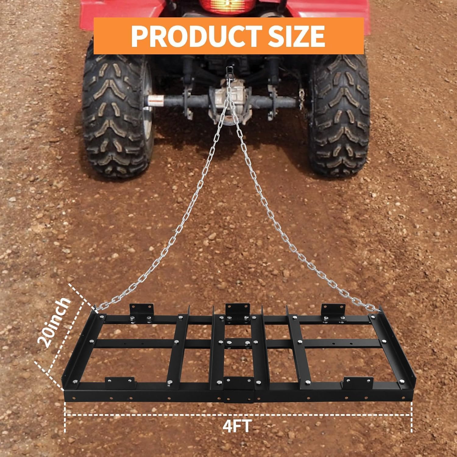Drag Harrow Driveway Grader, Heavy Duty Power Rake, Driveway Drag for Gravel W/ 4 FT Chain, Tow Behind Lawn Rake for ATV, UTV, Tractor, Mower, Land Leveler for Gravel, Sand, Soil, Hay,4FT