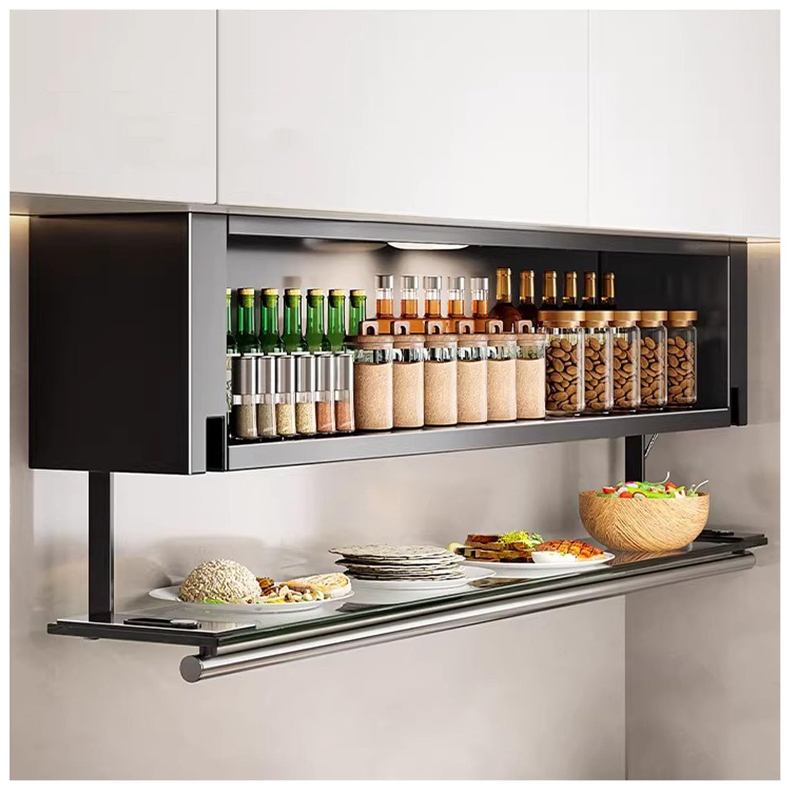 Armoire de Rangement Murale avec étagère Rabattable, Organisateur de Garde-Manger en Acier Robuste pour épices/Assiettes/Tasses, Buffet Multifonctionnel pour Cuisine