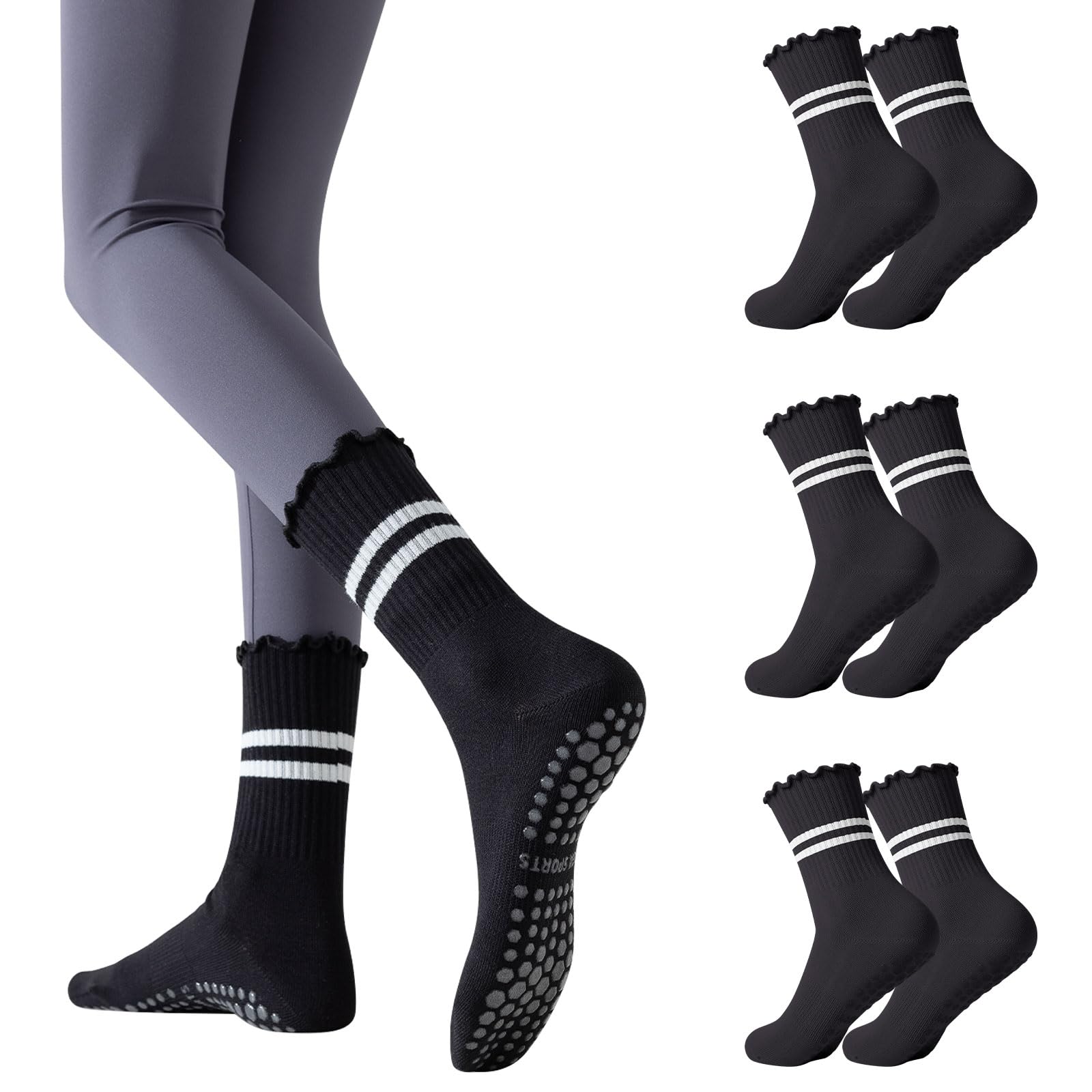 5 Paia Calzini Antiscivolo Per Pilates E Yoga - Donna, Con Cinghie Incrociate, Punti In Silicone, Taglia Unica 35-40