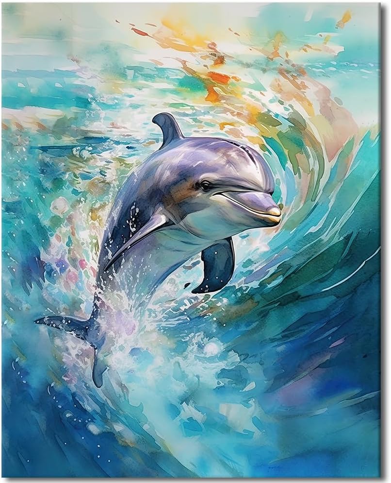 TUMOVO Cute Dolphin Paint by Numbers Kits, Easy DIY Oil Painting Colorful Paint by Numbers with Brushes and Pigment, Marine Animals Swimming Picture for Home Decor Gifts 16x20 Inch (Without Frame)